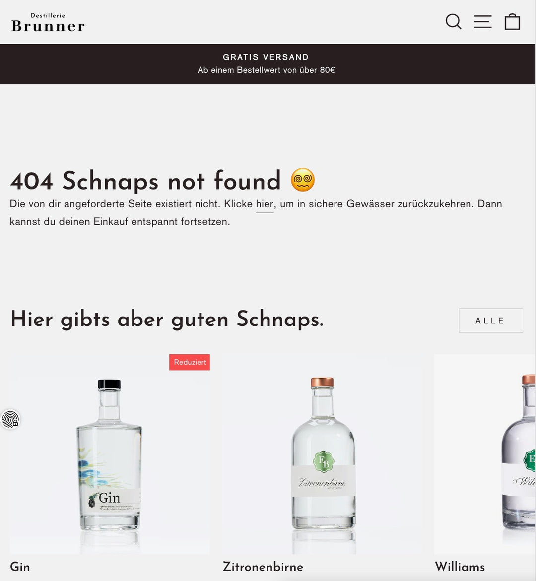 Eigene mit Humor gestaltete 404 Seite im Online Shop der Destillerie Brunner aus Vorarlberg.