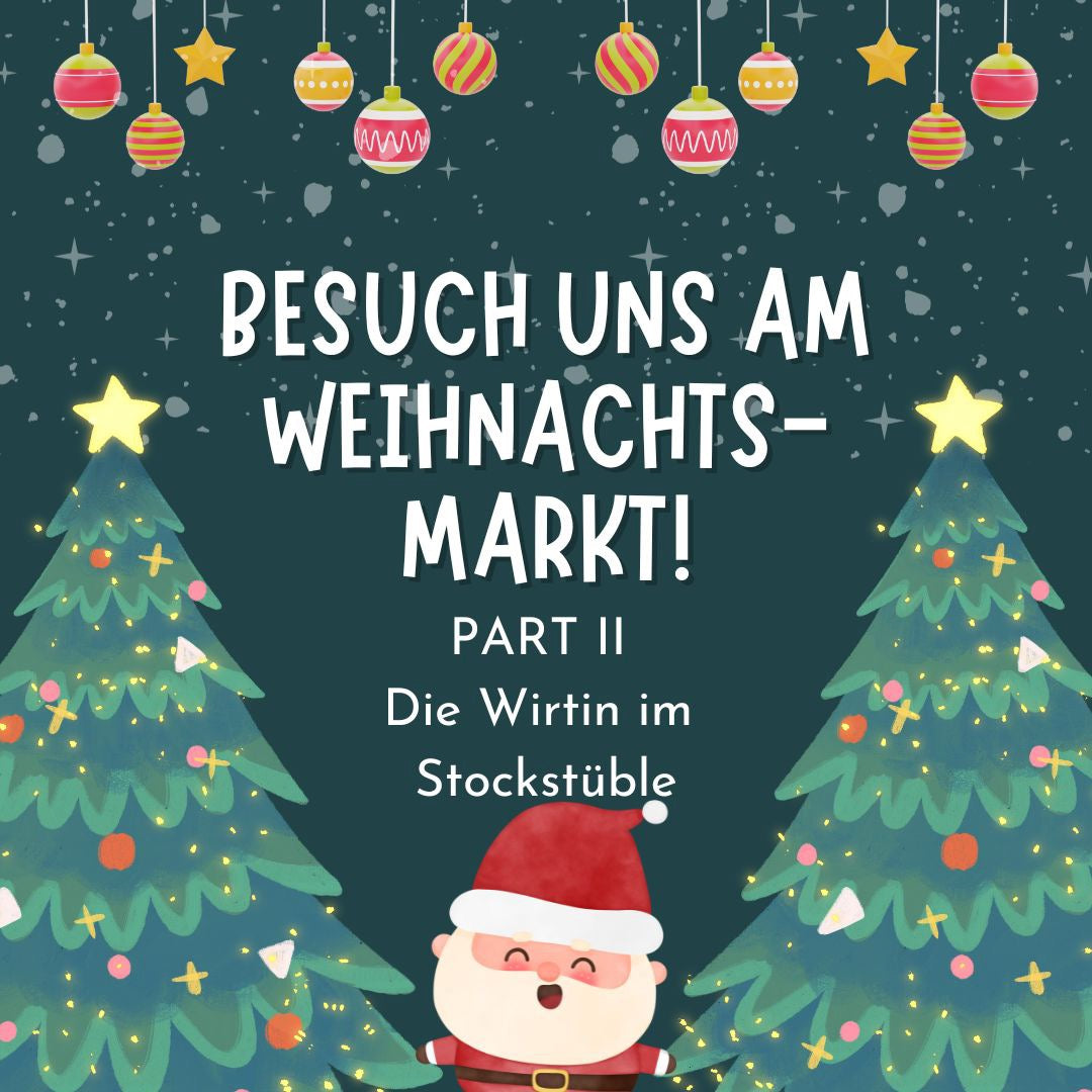 Ein Weihnachtsmann neben zwei Christbäumen der zum Wintermarkt im Stockstüble in Lustenau mit der Destillerie Brunner einlädt.