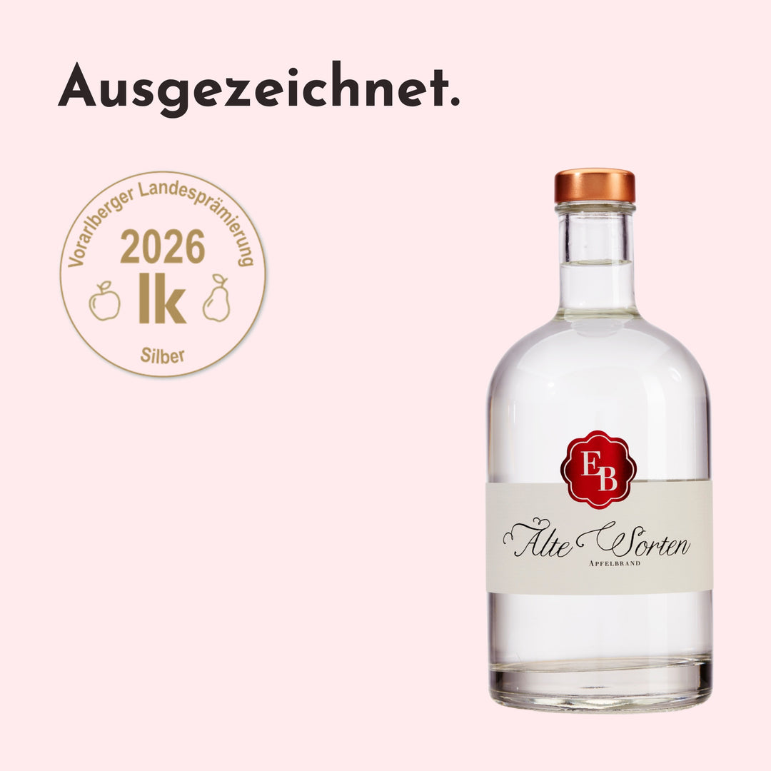 Apfelschnaps Alte Sorten mit Silber bei der Vorarlberger Landesprämierung 2026.