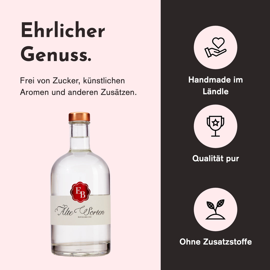 Handgemacht in Vorarlberg, ohne Zusatzstoffe: Apfelschnaps Alte Sorten der Destillerie Brunner.