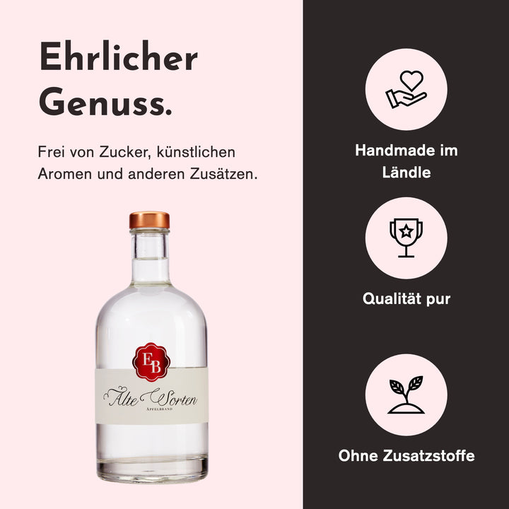 Handgemacht in Vorarlberg, ohne Zusatzstoffe: Apfelschnaps Alte Sorten der Destillerie Brunner.