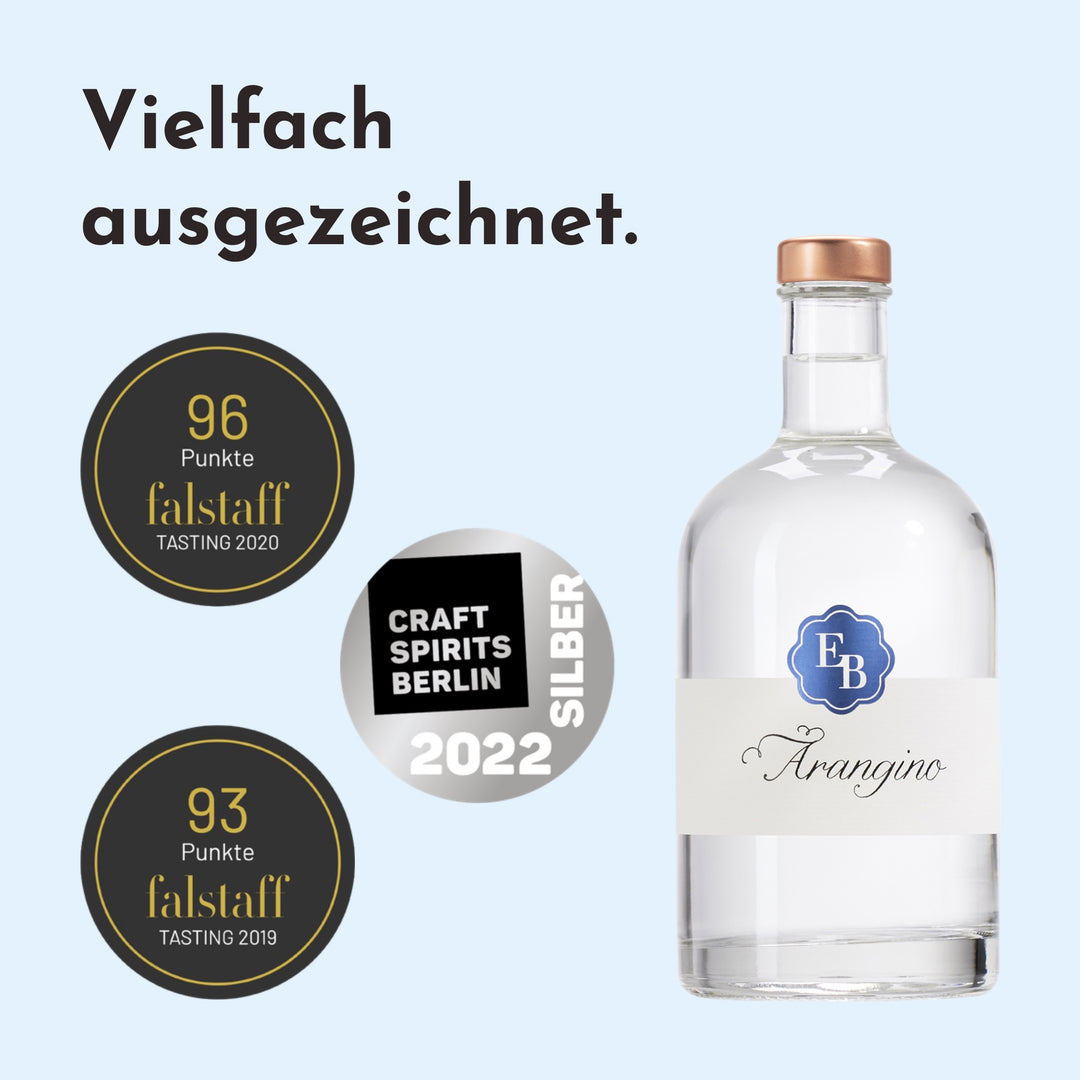 Arangino mit 96 und 93 Punkten beim Falstaff Tasting 2020 und 2019 sowie Silber bei den Craft Spirits Berlin 2022.