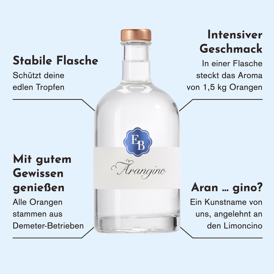 Merkmale des Arangino: das Aroma von 1,5 kg Orangen pro Flasche, Orangen aus Demeter-Betrieben, ein Kunstname angelehnt an den Limoncino.