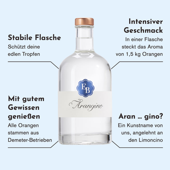 Merkmale des Arangino: das Aroma von 1,5 kg Orangen pro Flasche, Orangen aus Demeter-Betrieben, ein Kunstname angelehnt an den Limoncino.