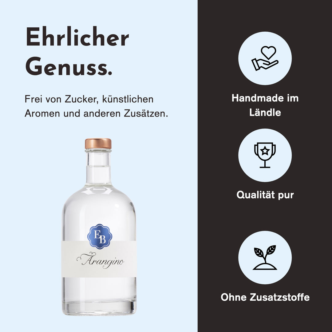 Handgemacht in Vorarlberg, ohne Zusatzstoffe: Arangino Blutorangen Schnaps der Destillerie Brunner.