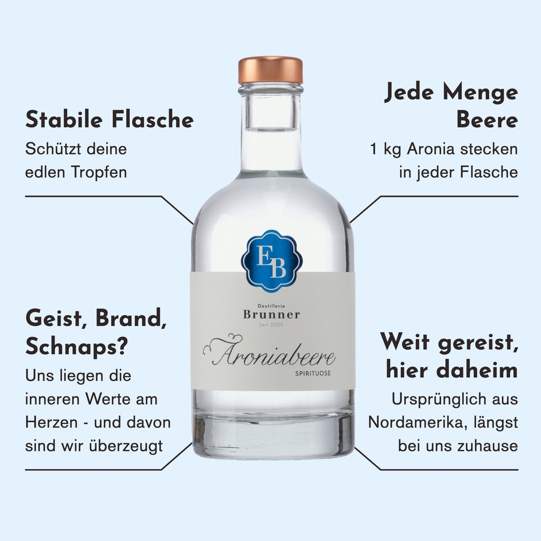 Merkmale des Aronia Schnaps: 1 kg Aroniabeeren in jeder Flasche, ursprünglich aus Nordamerika und längst bei uns zuhause, bei Geist, Brand oder Schnaps zählen die inneren Werte.