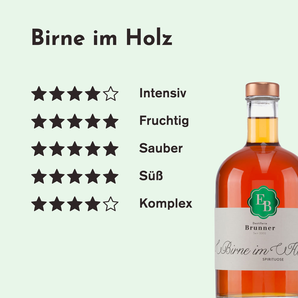 Geschmacksprofil der Birne im Holz: intensiv 4/5, fruchtig 5/5, sauber 5/5, süß 5/5 und komplex 4/5 Sternen.