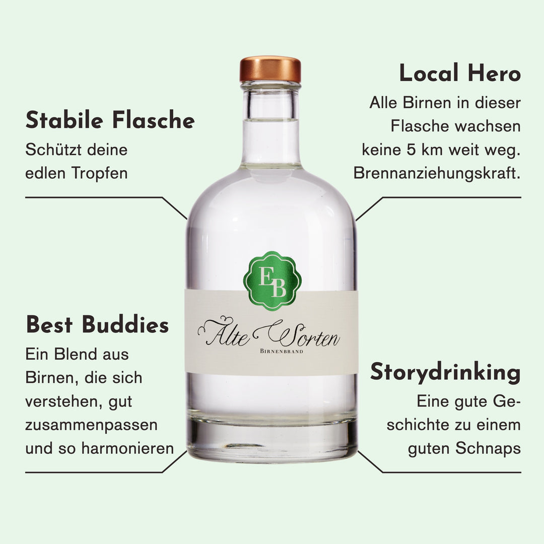 Merkmale des Birnenschnaps Alte Sorten: Birnen aus weniger als 5 km Umkreis, ein harmonischer Blend aus Birnen, die zusammenpassen, ein guter Schnaps mit guter Geschichte.