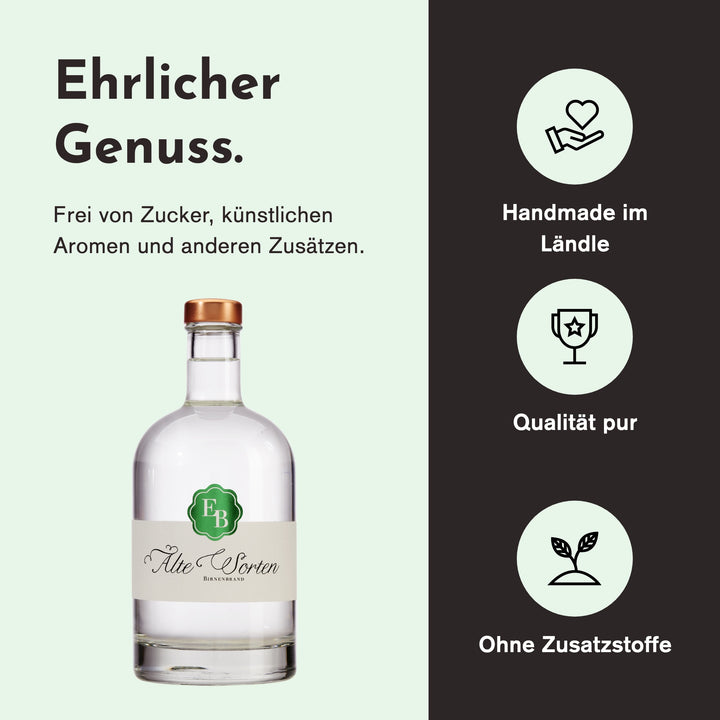 Handgemacht in Vorarlberg, ohne Zusatzstoffe: Birnenschnaps Alte Sorten der Destillerie Brunner.