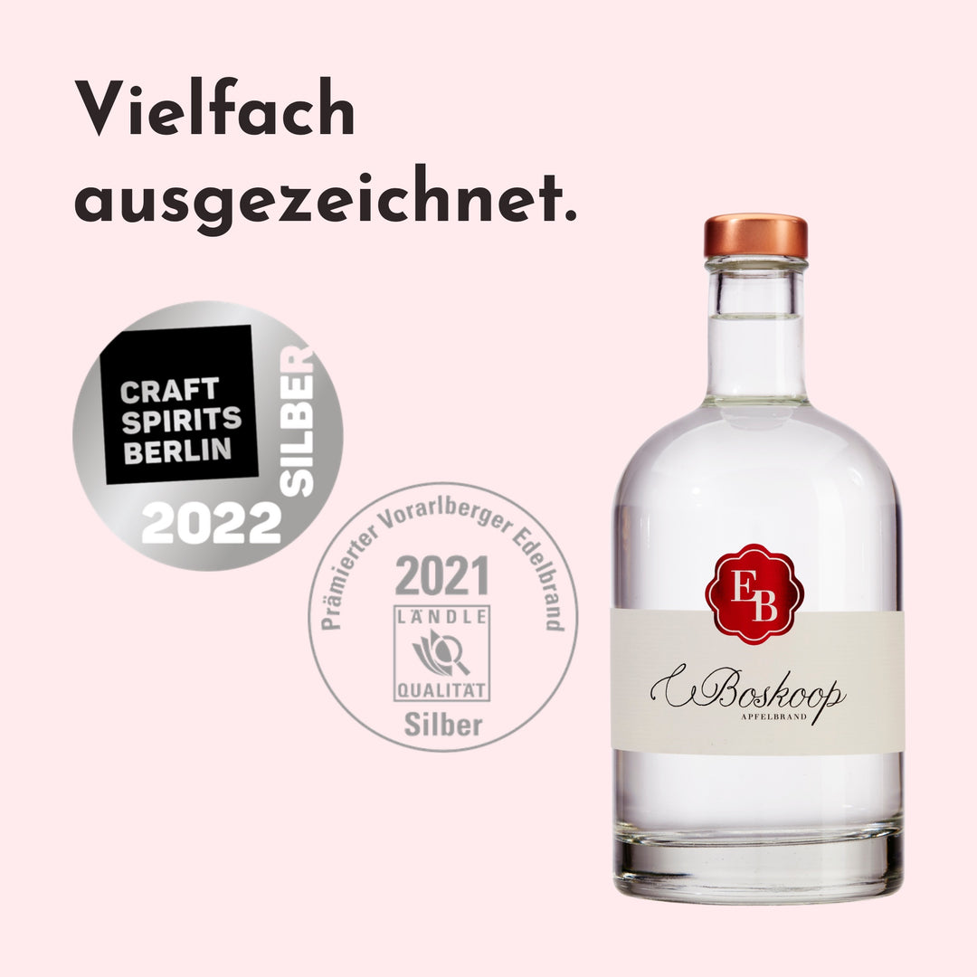 Boskoop Apfelschnaps aus Streuobst mit Silber bei den Craft Spirits Berlin 2022 und der Vorarlberger Landesprämierung 2021.