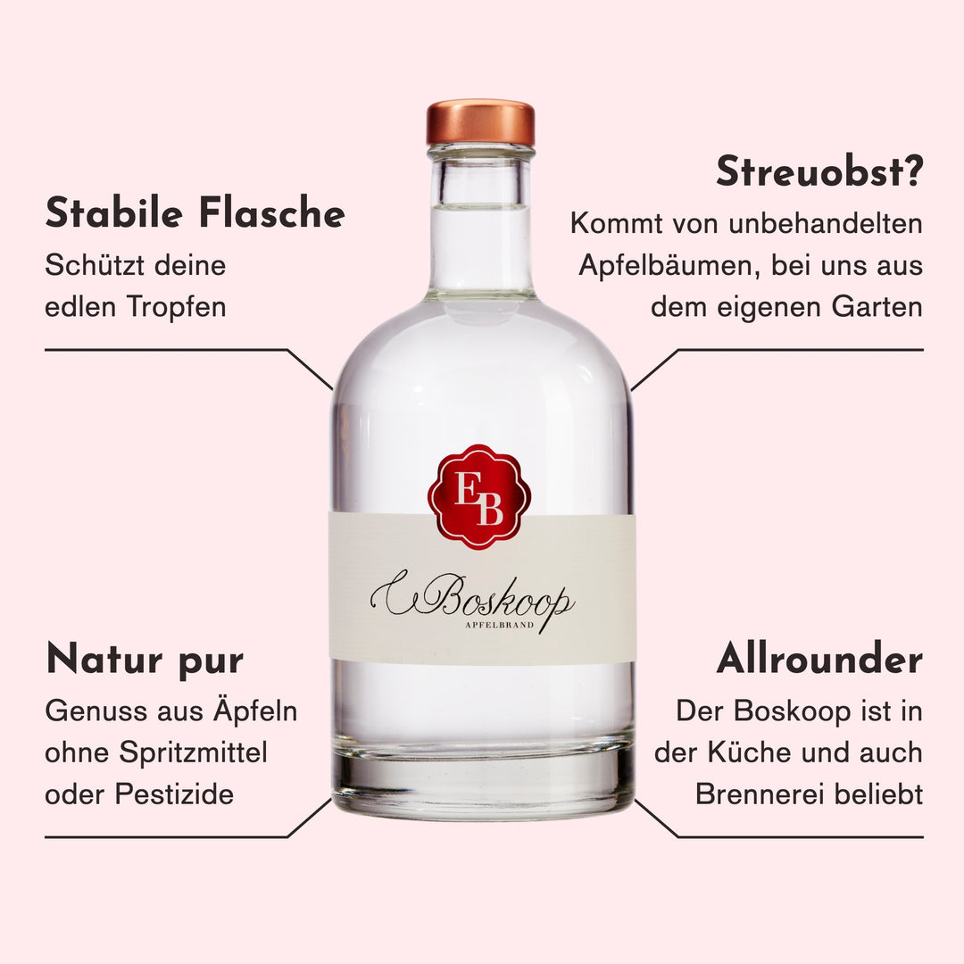 Merkmale des Boskoop Apfelschnaps aus Streuobst: unbehandelte Äpfel aus dem eigenen Garten, ohne Spritzmittel und Pestizide, ein Allrounder in Küche und Brennerei.