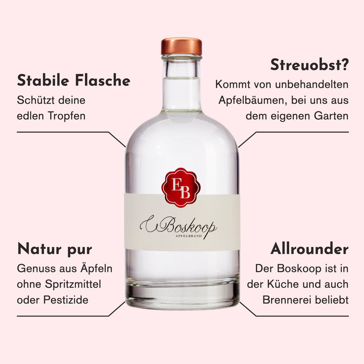 Merkmale des Boskoop Apfelschnaps aus Streuobst: unbehandelte Äpfel aus dem eigenen Garten, ohne Spritzmittel und Pestizide, ein Allrounder in Küche und Brennerei.