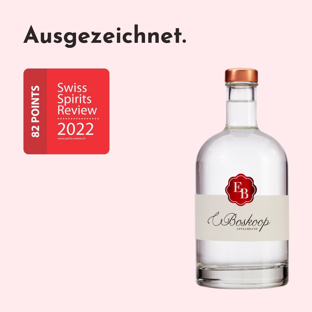 Boskoop Apfelschnaps aus Tafelobst mit 82 Punkten beim Swiss Spirits Review 2022.