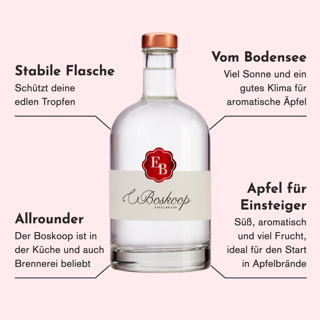 Merkmale des Boskoop Apfelschnaps aus Tafelobst: Äpfel vom sonnigen Bodensee, ein Allrounder in Küche und Brennerei, süß und fruchtig, ideal für Einsteiger.