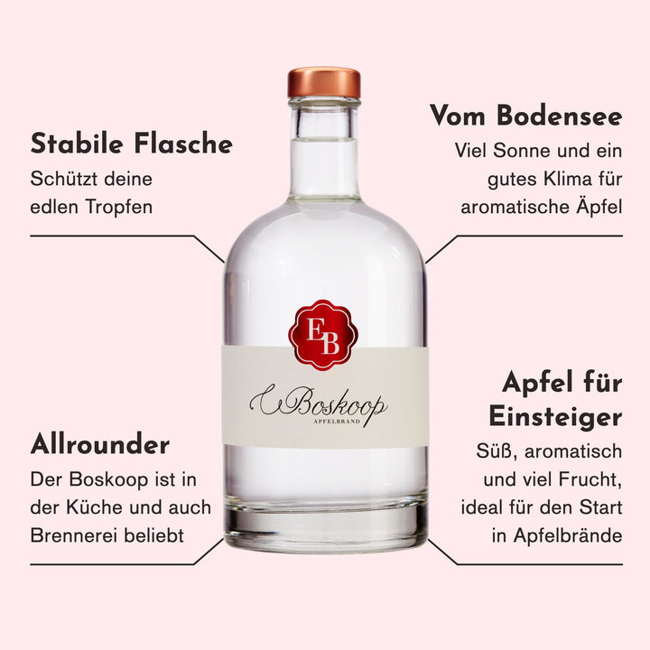 Merkmale des Boskoop Apfelschnaps aus Tafelobst: Äpfel vom sonnigen Bodensee, ein Allrounder in Küche und Brennerei, süß und fruchtig, ideal für Einsteiger.