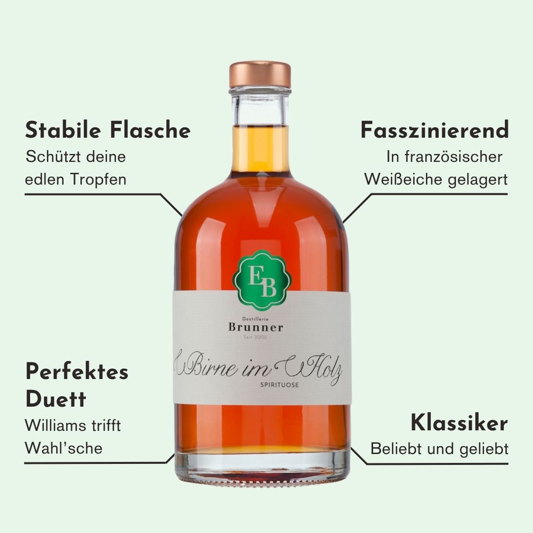 Eigenschaften des Alten Birnen Schnaps der Destillerie Brunner aus Vorarlberg, welche den Brand einzigartig machen.