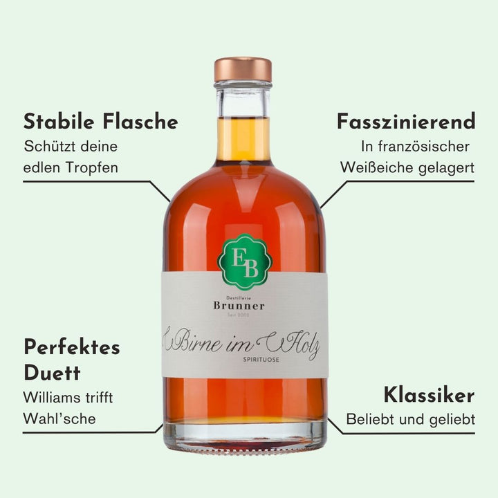 Eigenschaften des Alten Birnen Schnaps der Destillerie Brunner aus Vorarlberg, welche den Brand einzigartig machen.