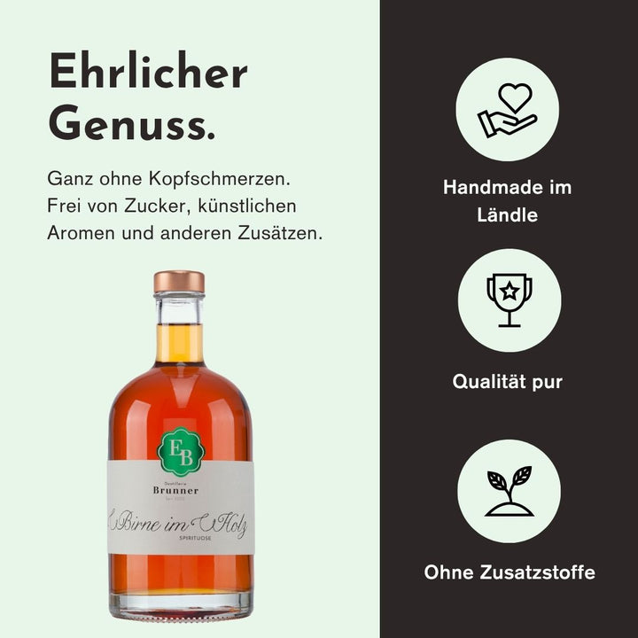 Ehrlicher Genuss mit dem Alten Birnen Schnaps der Destillerie Brunner aus Österreich duch herausragende Qualität, handwerkliche Herstellung und den Verzicht von Zusatzstoffen.