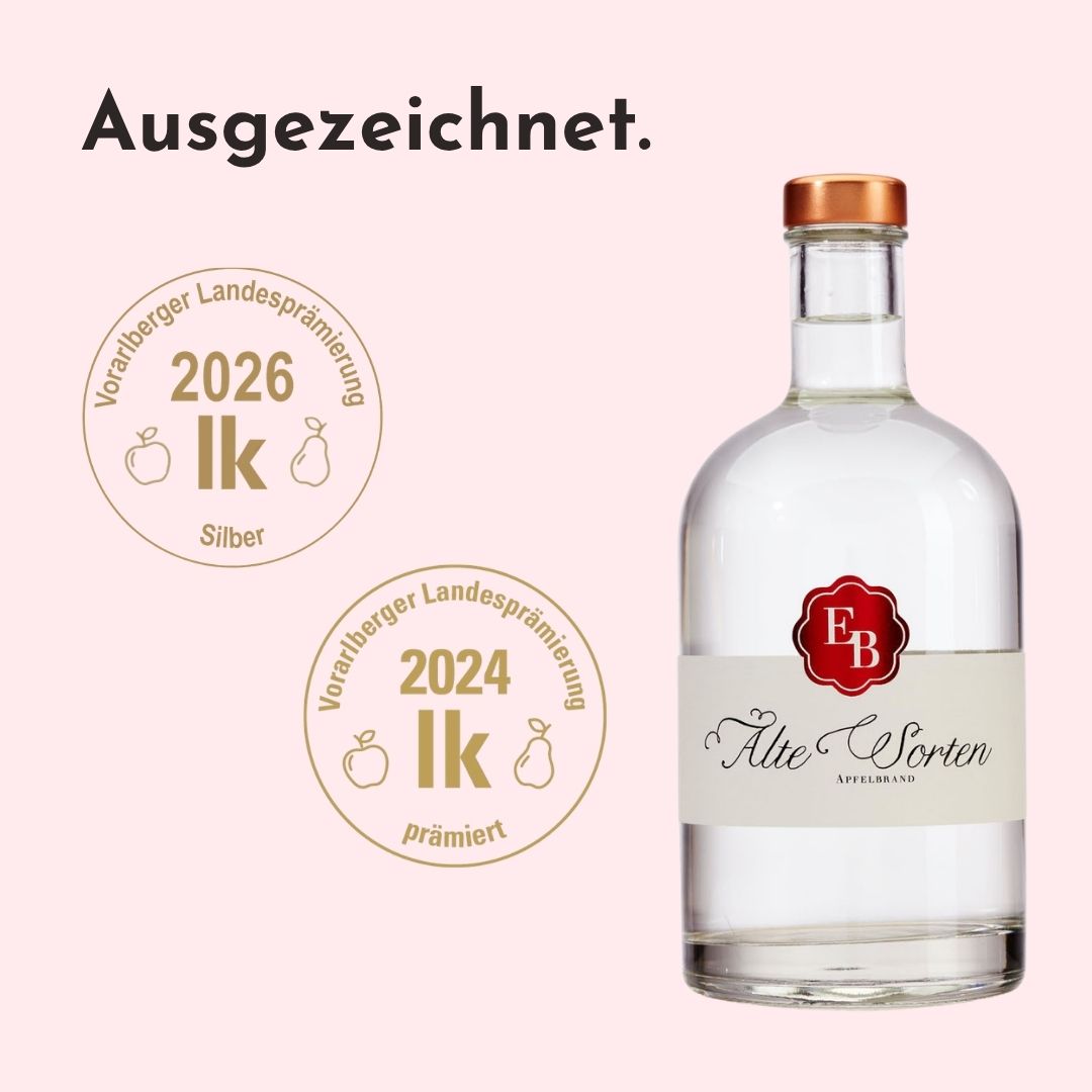 Der Apfelbrand Alte Sorten der Destillerie Brunner wurde bei der Vorarlberger Landesprämierung von einer Fachjury vielfach hervorragend bewertet.