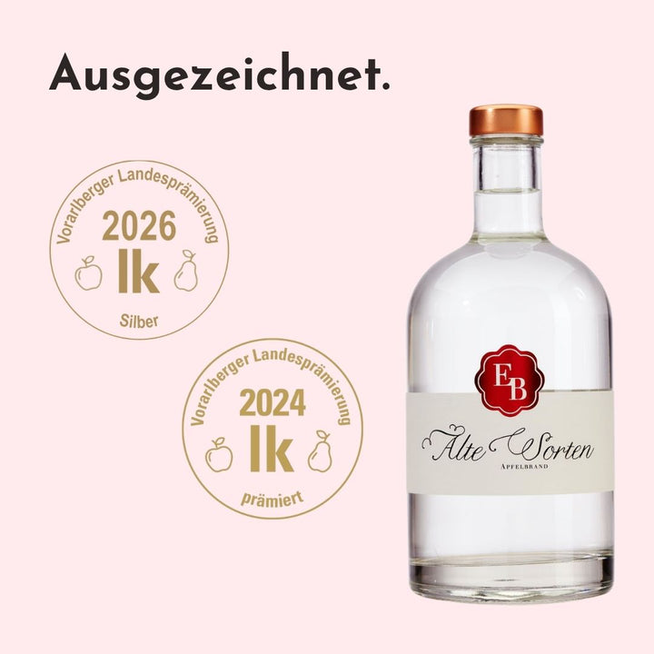 Der Apfelbrand Alte Sorten der Destillerie Brunner wurde bei der Vorarlberger Landesprämierung von einer Fachjury vielfach hervorragend bewertet.