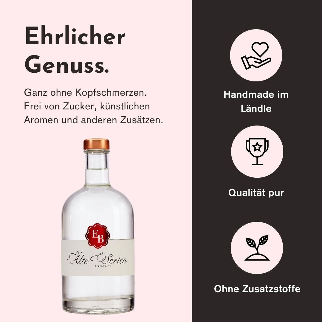 Ehrlicher Genuss mit dem Apfelbrand Alte Sorten der Destillerie Brunner duch herausragende Qualität, handwerkliche Herstellung und den Verzicht von Zusatzstoffen.