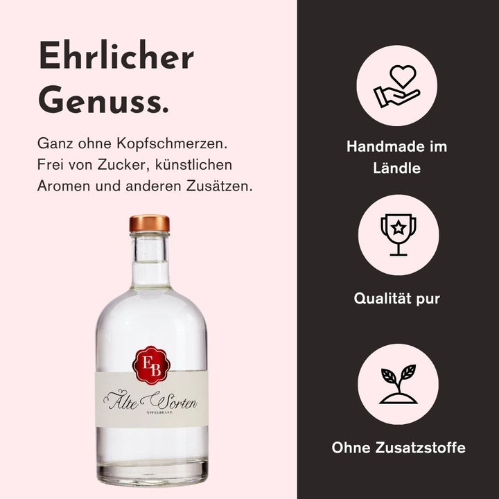 Ehrlicher Genuss mit dem Apfelbrand Alte Sorten der Destillerie Brunner duch herausragende Qualität, handwerkliche Herstellung und den Verzicht von Zusatzstoffen.