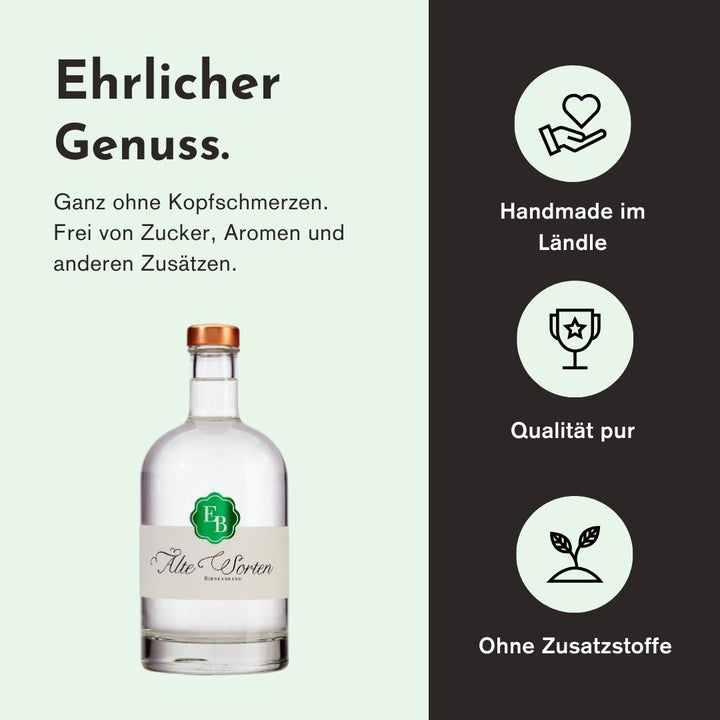 Ehrlicher Genuss mit dem Birnenschnaps Alte Sorten der Destillerie Brunner duch herausragende Qualität, handwerkliche Herstellung und den Verzicht von Zusatzstoffen.