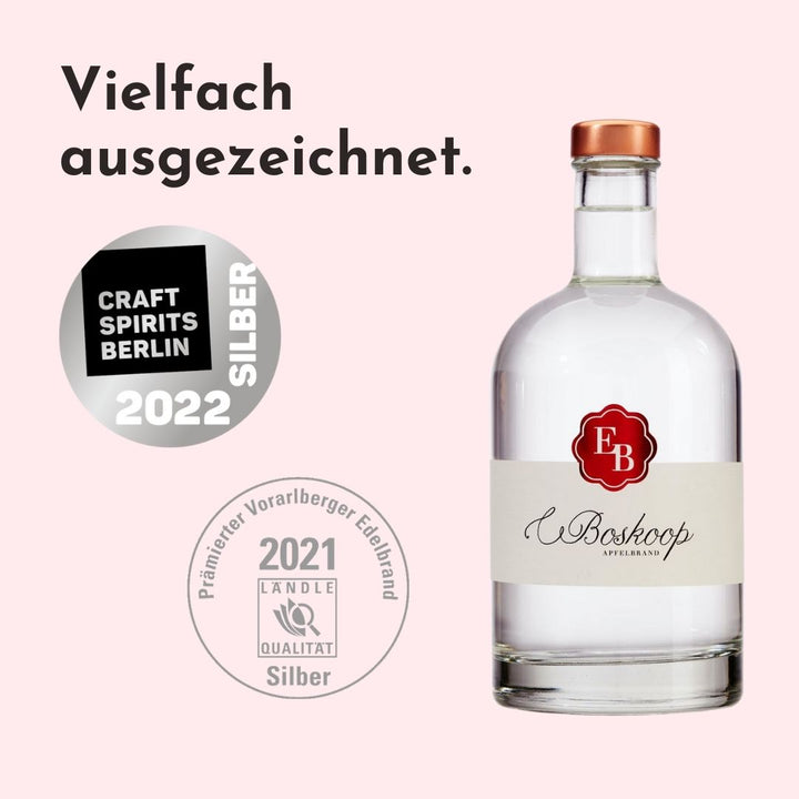 Der Boskoop Streuobst Apfel Schnaps der Destillerie Brunner wurde bei den Berlin Craft Spirits Awards und der Vorarlberger Landesprämierung von einer Fachjury hervorragend bewertet.