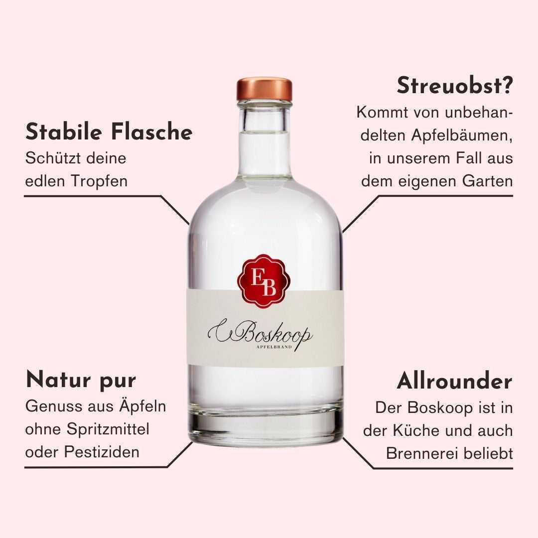 Eigenschaften des Boskoop Streuobst Apfel Schnaps der Destillerie Brunner aus Vorarlberg, welche den Brand einzigartig machen.