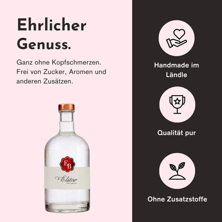 Ehrlicher Genuss mit dem Elstar Apfel Schnaps der Destillerie Brunner duch herausragende Qualität, handwerkliche Herstellung und den Verzicht von Zusatzstoffen.