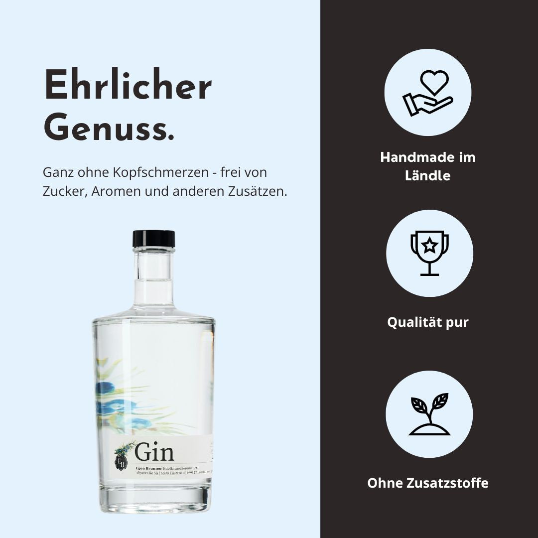 Ehrlicher Genuss mit dem London Dry Gin der Destillerie Brunner duch herausragende Qualität, handwerkliche Herstellung und den Verzicht von Zusatzstoffen.