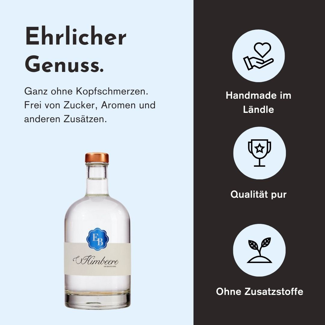 Ehrlicher Genuss mit dem Himbeergeist der Destillerie Brunner duch herausragende Qualität, handwerkliche Herstellung und den Verzicht von Zusatzstoffen.