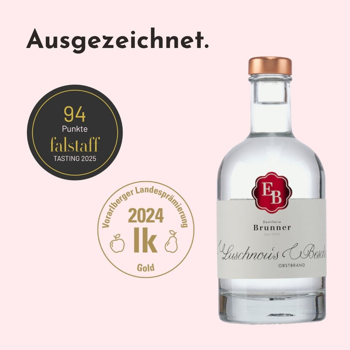 Der Luschnou's Bescht Obstbrand Obstler der Destillerie Brunner aus Österreich wurde zum besten Obstler aus Vorarlberg ausgezeichnet.