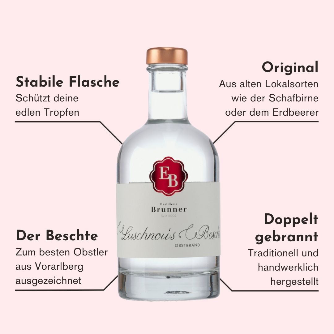 Eigenschaften des Luschnous Bescht Obstbrand Schnaps der Destillerie Brunner aus Vorarlberg, welche den Brand einzigartig machen.