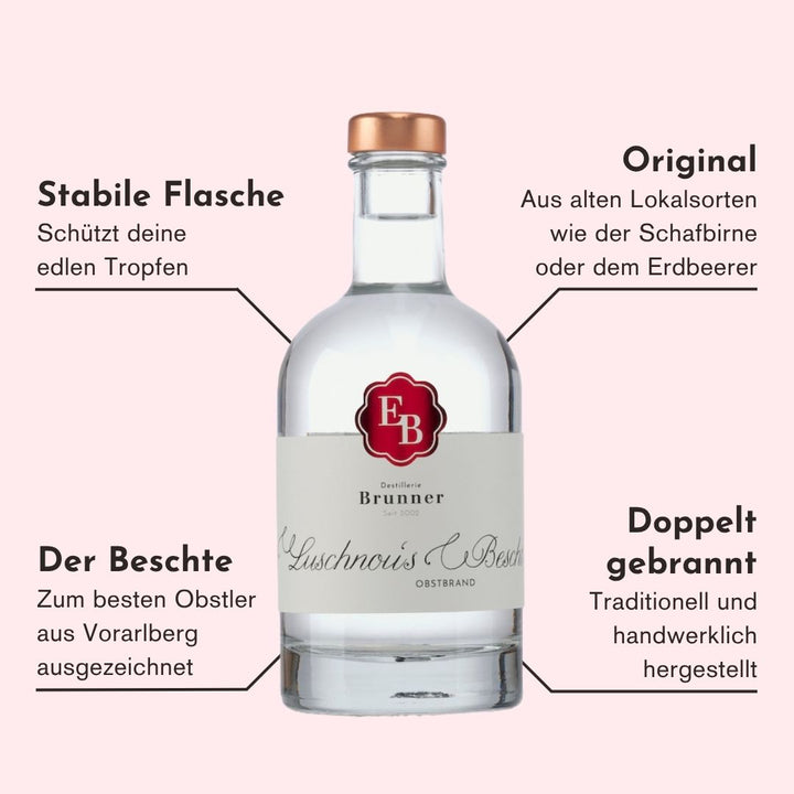 Eigenschaften des Luschnous Bescht Obstbrand Schnaps der Destillerie Brunner aus Vorarlberg, welche den Brand einzigartig machen.