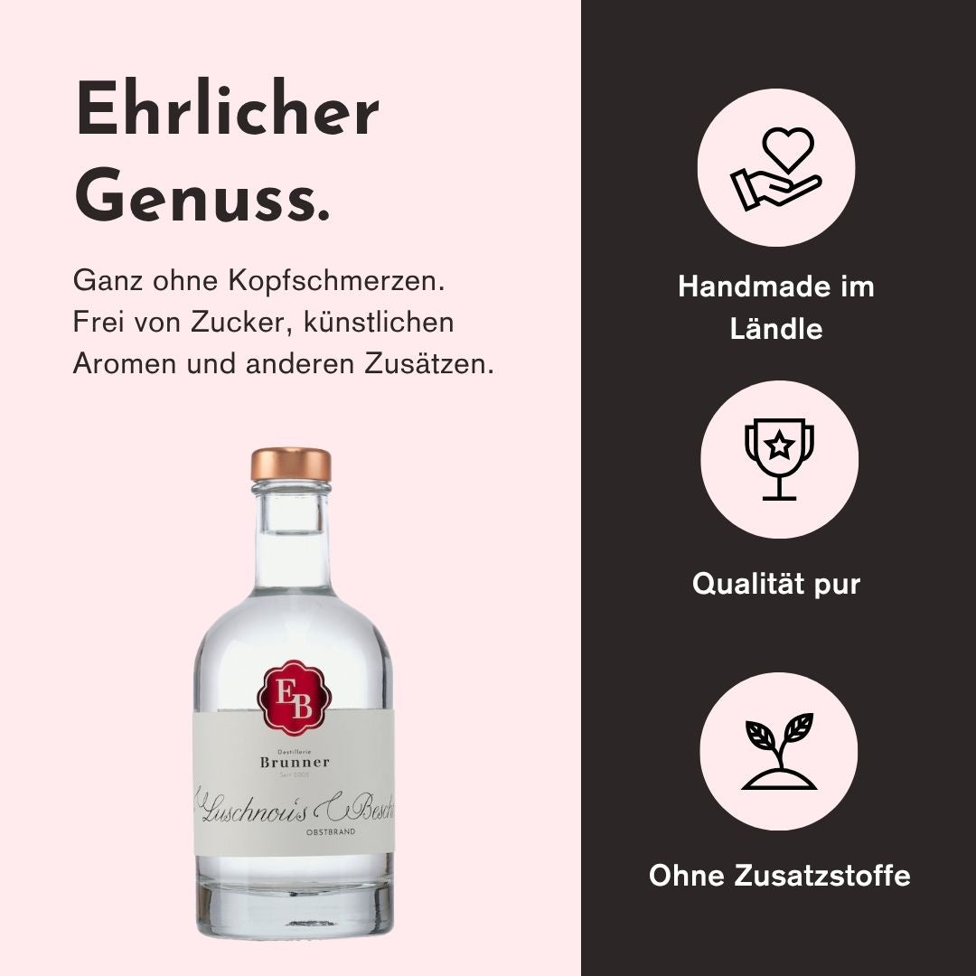 Ehrlicher Genuss mit dem Luschnous Bescht Obstbrand Schnaps der Destillerie Brunner aus Österreich duch herausragende Qualität, handwerkliche Herstellung und den Verzicht von Zusatzstoffen.