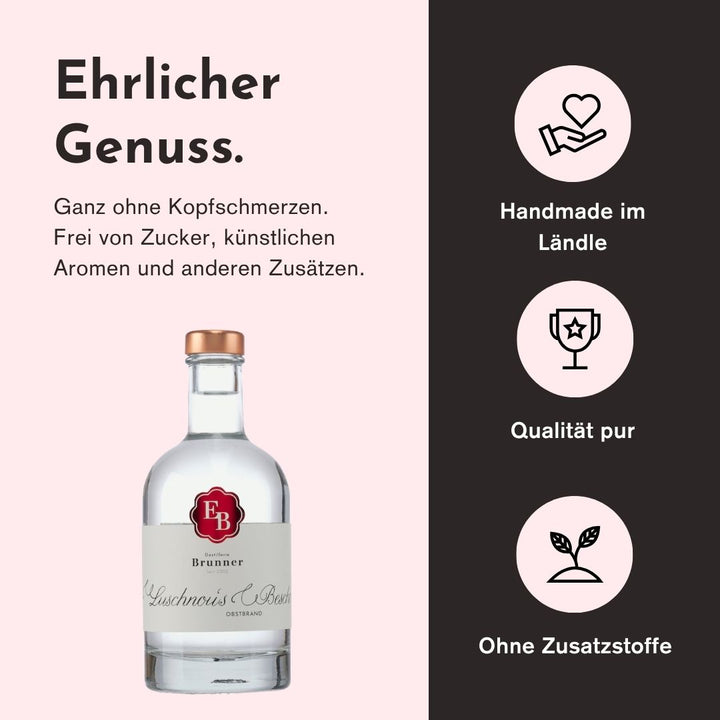 Ehrlicher Genuss mit dem Luschnous Bescht Obstbrand Schnaps der Destillerie Brunner aus Österreich duch herausragende Qualität, handwerkliche Herstellung und den Verzicht von Zusatzstoffen.