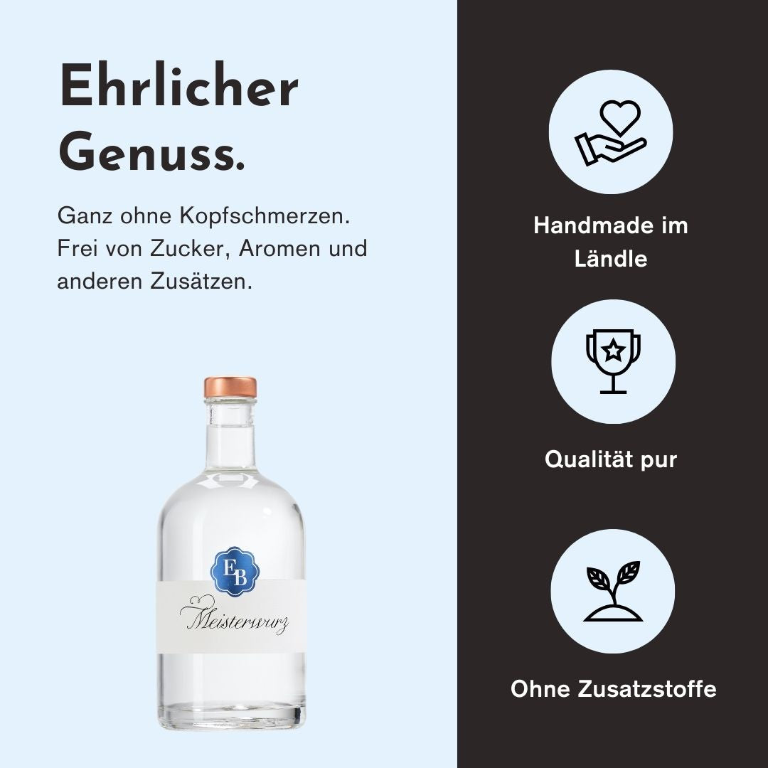 Ehrlicher Genuss mit dem Meisterwurz Schnaps der Destillerie Brunner duch herausragende Qualität, handwerkliche Herstellung und den Verzicht von Zusatzstoffen.