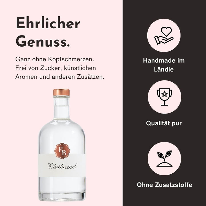 Ehrlicher Genuss mit dem Obstler der Destillerie Brunner duch herausragende Qualität, handwerkliche Herstellung und den Verzicht von Zusatzstoffen.