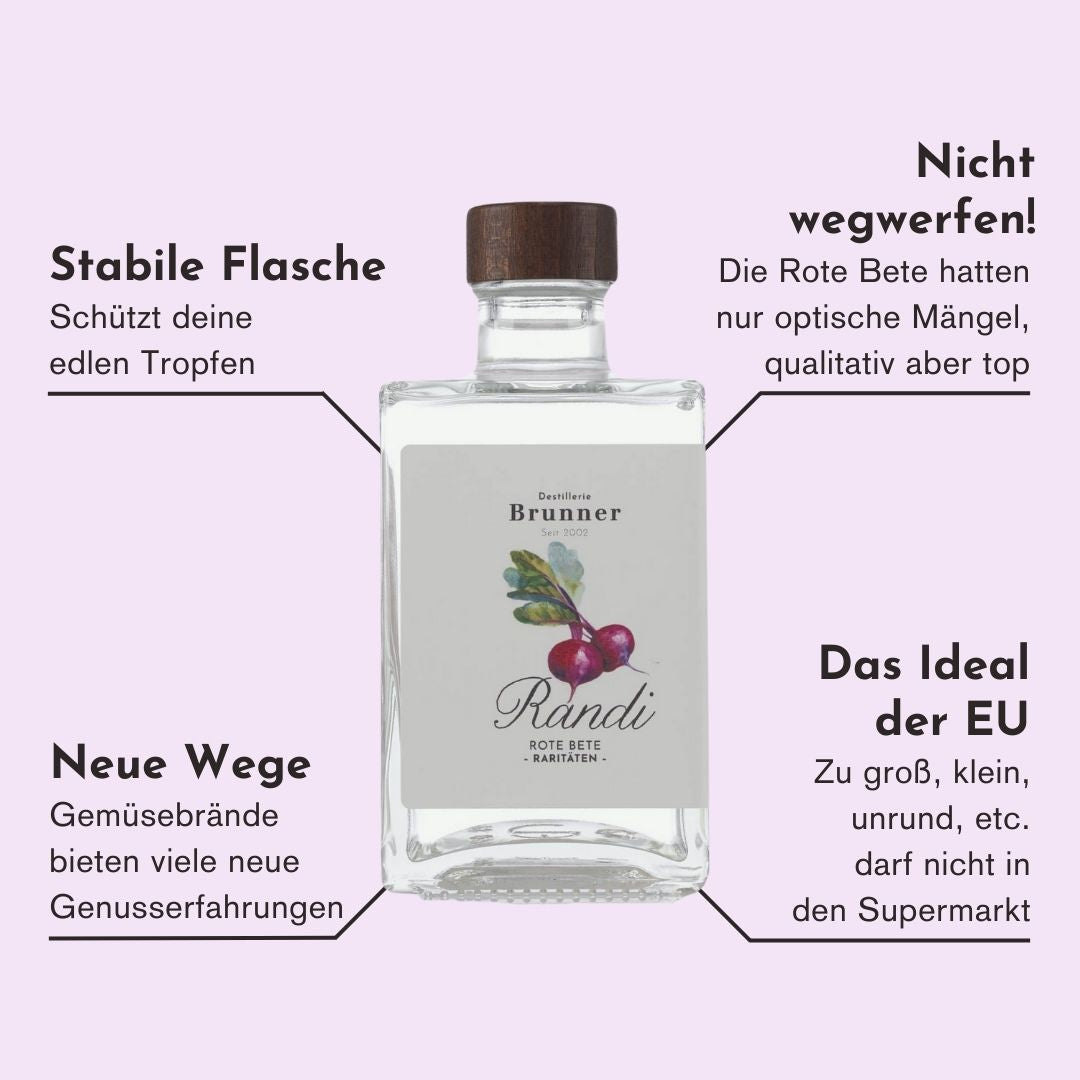 Eigenschaften des Rote Bete Schnaps der Destillerie Brunner aus Vorarlberg, welche den Brand einzigartig machen.