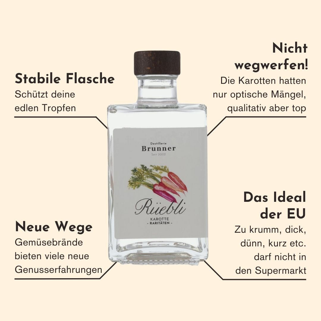 Eigenschaften des Karotten Schnaps der Destillerie Brunner aus Vorarlberg, welche den Brand einzigartig machen.