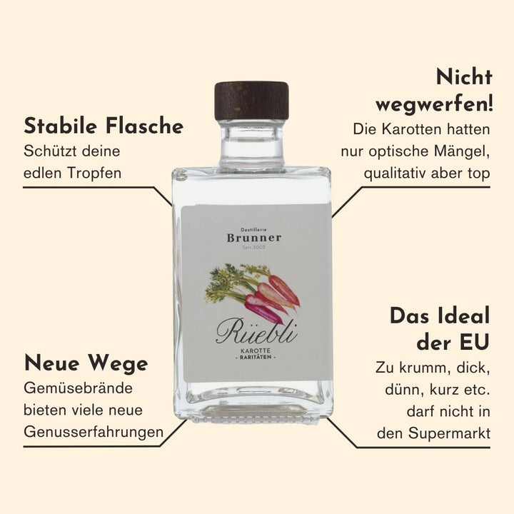 Eigenschaften des Karotten Schnaps der Destillerie Brunner aus Vorarlberg, welche den Brand einzigartig machen.