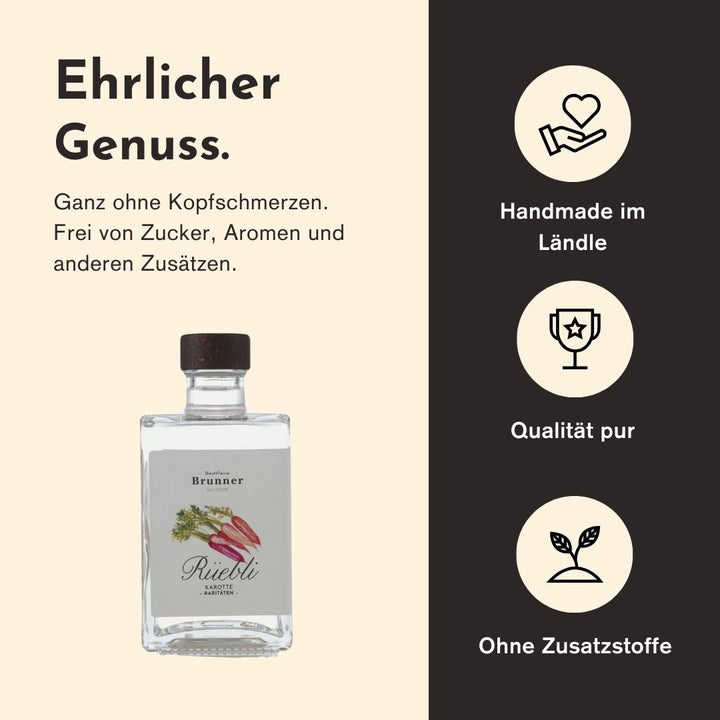 Ehrlicher Genuss mit dem Karottenbrand der Destillerie Brunner aus Österreich duch herausragende Qualität, handwerkliche Herstellung und den Verzicht von Zusatzstoffen.