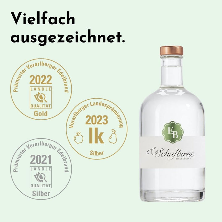 Der Schafbirne Schnaps der Destillerie Brunner aus Österreich wurde bei der Vorarlberger Landesprämierung von einer Fachjury hervorragend bewertet.
