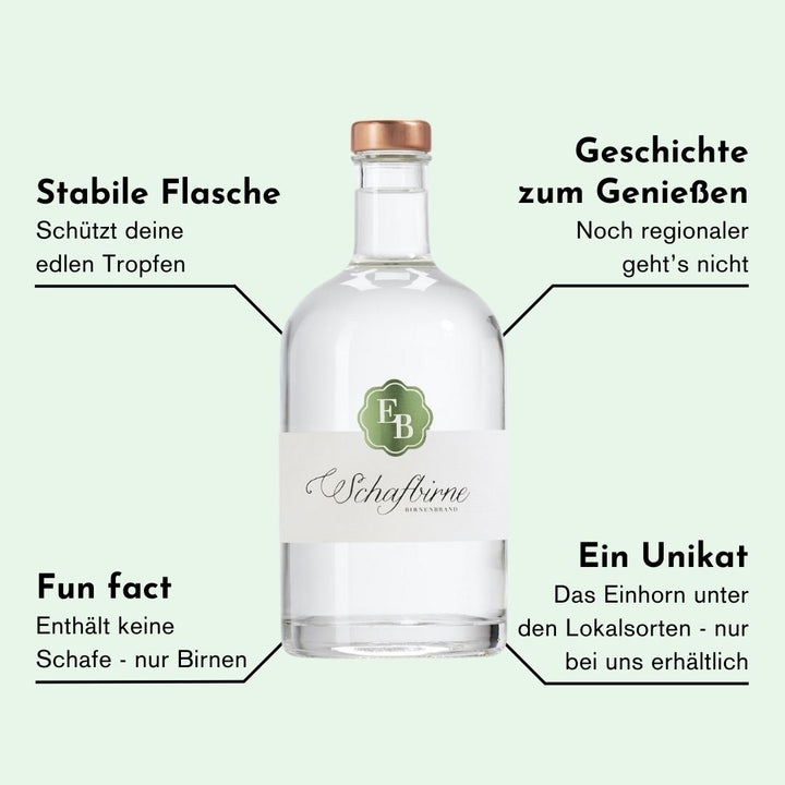 Eigenschaften des Schafbirne Schnaps der Destillerie Brunner aus Vorarlberg, welche den Brand einzigartig machen.