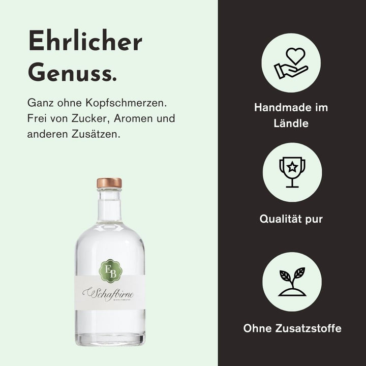 Ehrlicher Genuss mit der Schafbirne der Destillerie Brunner aus Österreich duch herausragende Qualität, handwerkliche Herstellung und den Verzicht von Zusatzstoffen.