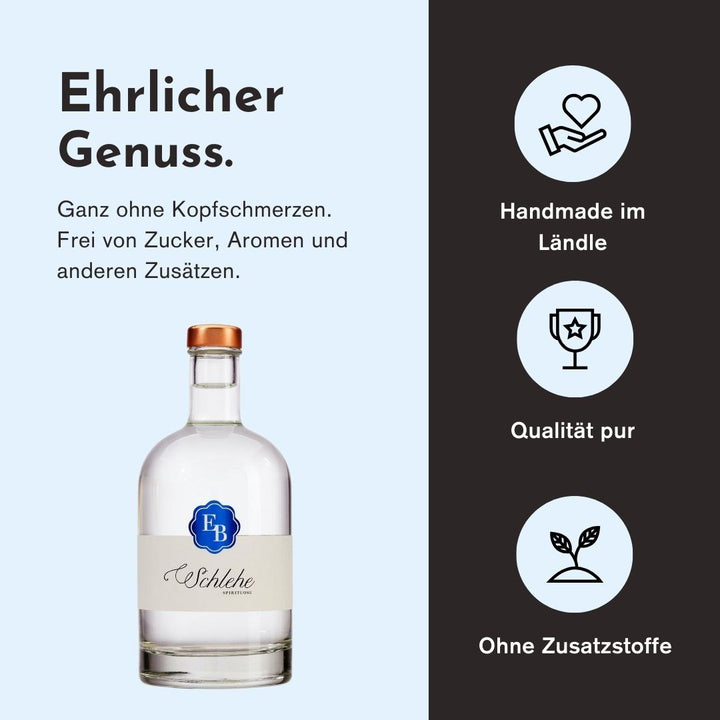 Ehrlicher Genuss mit dem Schnaps aus Schlehen der Destillerie Brunner duch herausragende Qualität, handwerkliche Herstellung und den Verzicht von Zusatzstoffen.