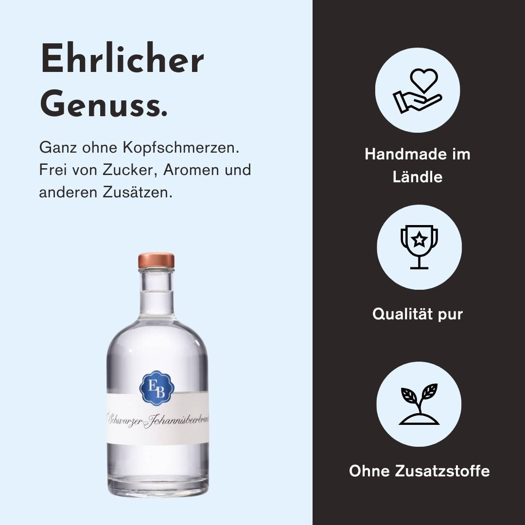 Ehrlicher Genuss mit dem Schnaps aus Johannisbeeren der Destillerie Brunner duch herausragende Qualität, handwerkliche Herstellung und den Verzicht von Zusatzstoffen.