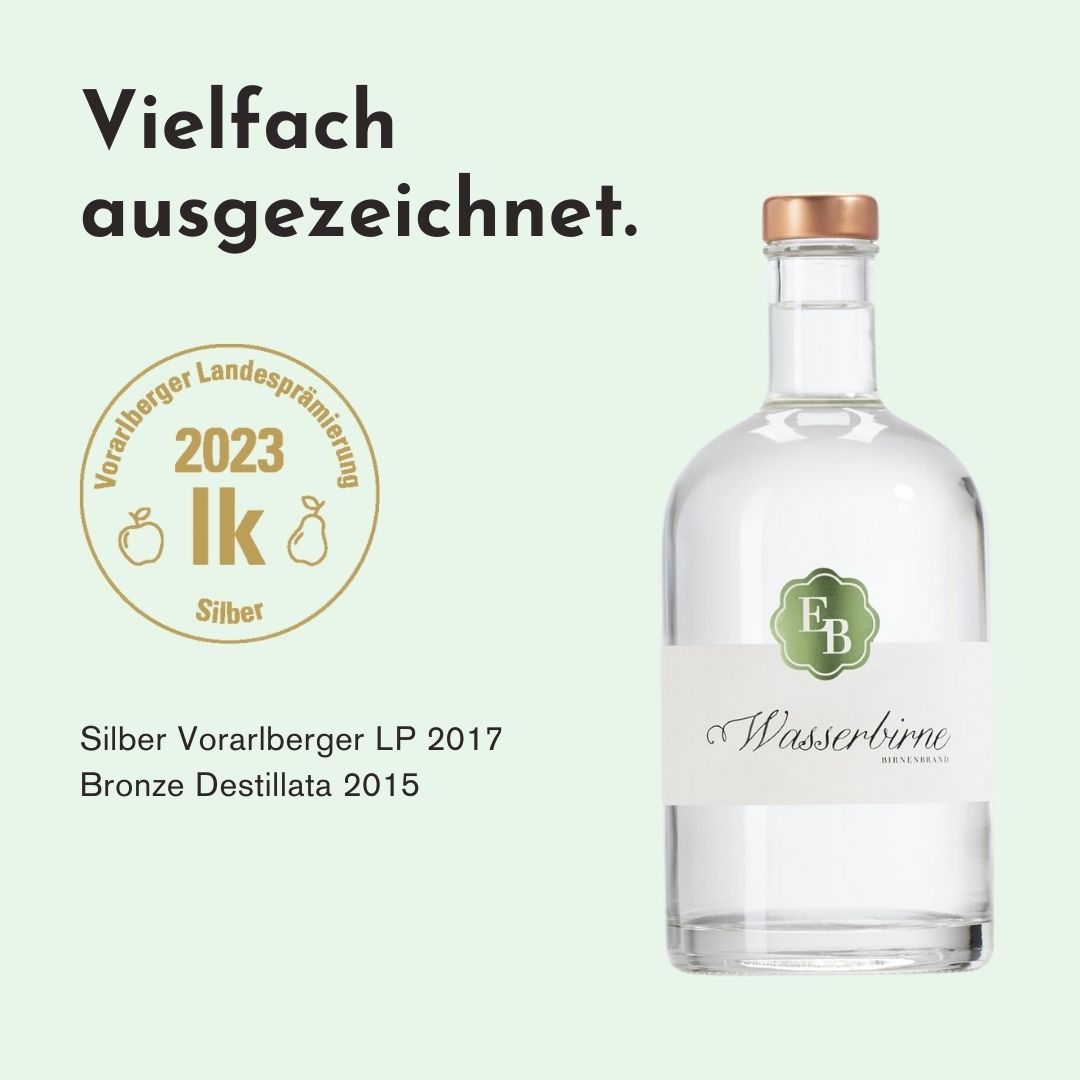 Der Schweizer Wasserbirne Schnaps der Destillerie Brunner wurde international bei der Destillata und Vorarlberger Landesprämierung von einer Fachjury hervorragend bewertet.