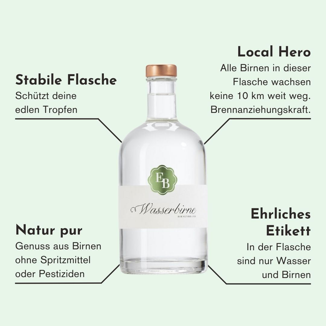 Eigenschaften des Schweizer Wasserbirne Schnaps der Destillerie Brunner aus Vorarlberg, welche den Brand einzigartig machen.